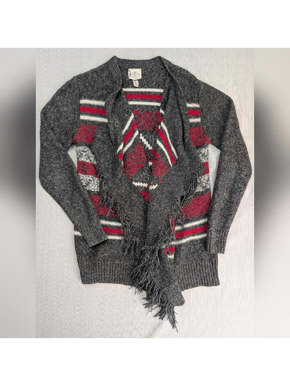 St. John's Bay Gray Red White Fringe Aztec Open Cardigan Sweater Geometric S